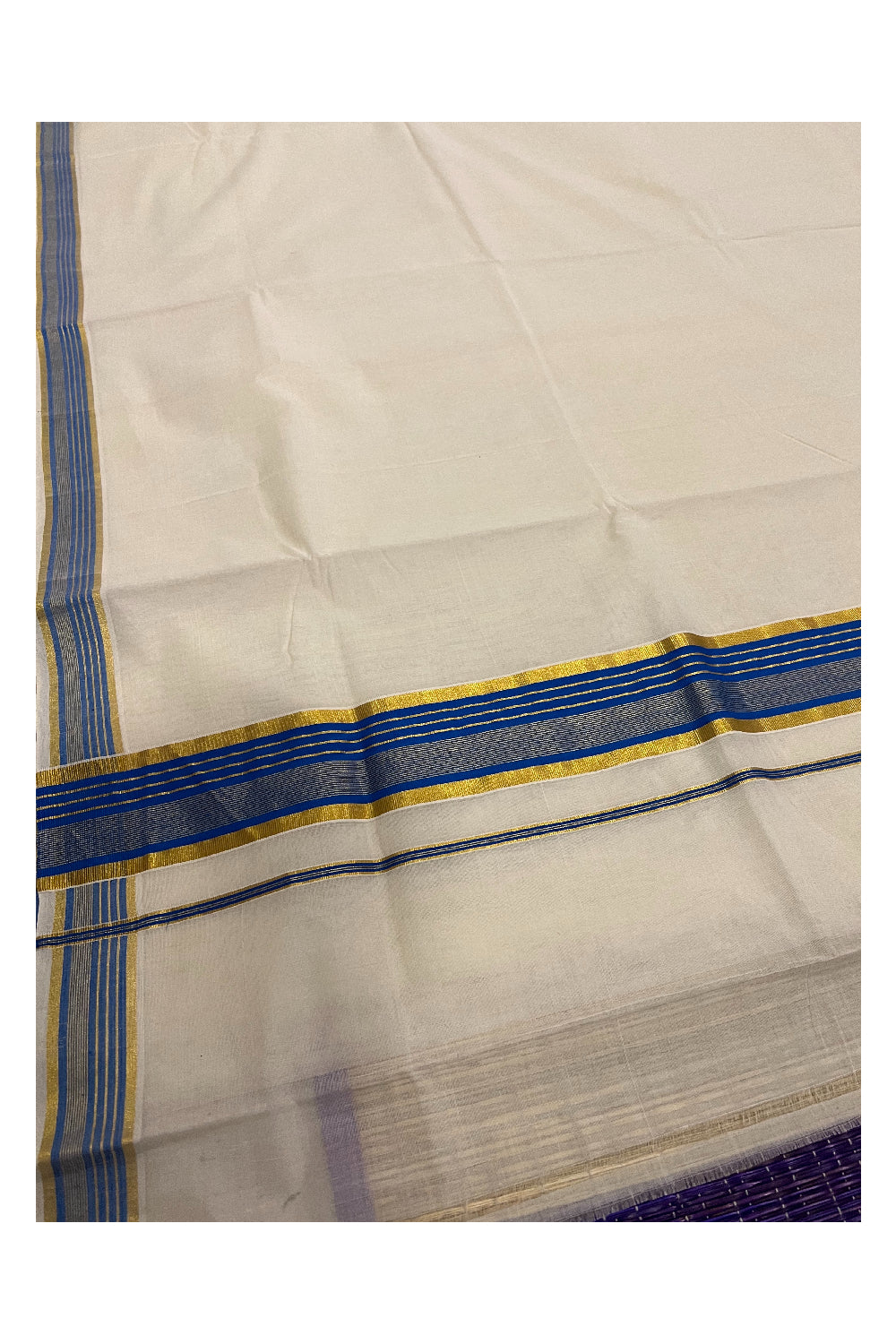 Southloom™ Premium Handloom Kerala Saree with Blue and Kasavu Border