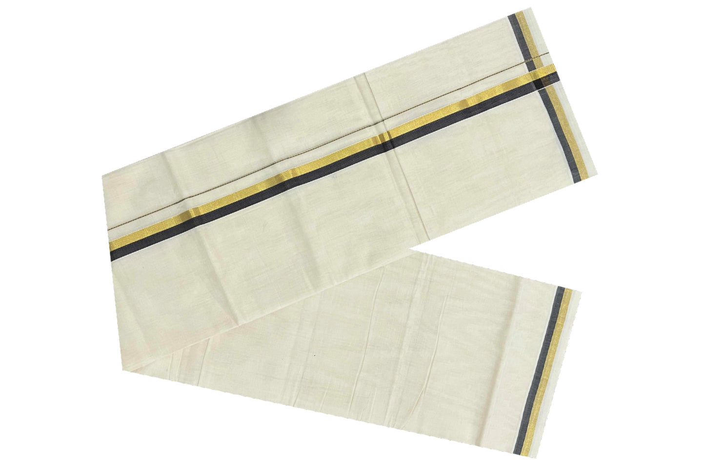 Southloom Kuthampully Pure Cotton Handloom Mundu with Golden and Black Kasavu Border