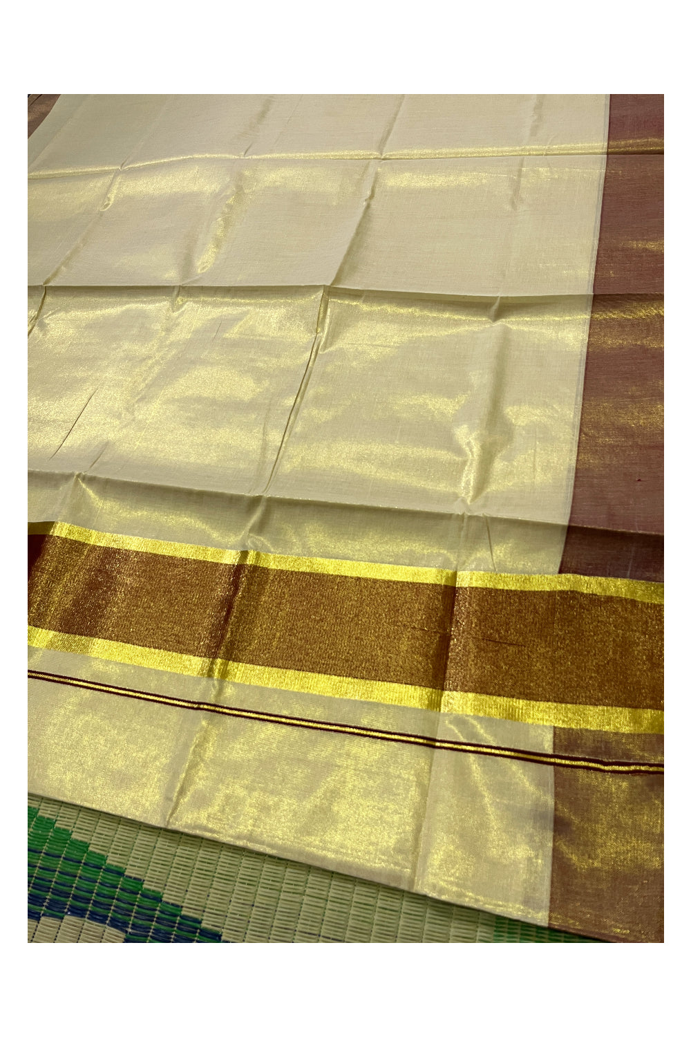 Kerala Tissue Kasavu Plain Saree with Maroon and Kasavu Border