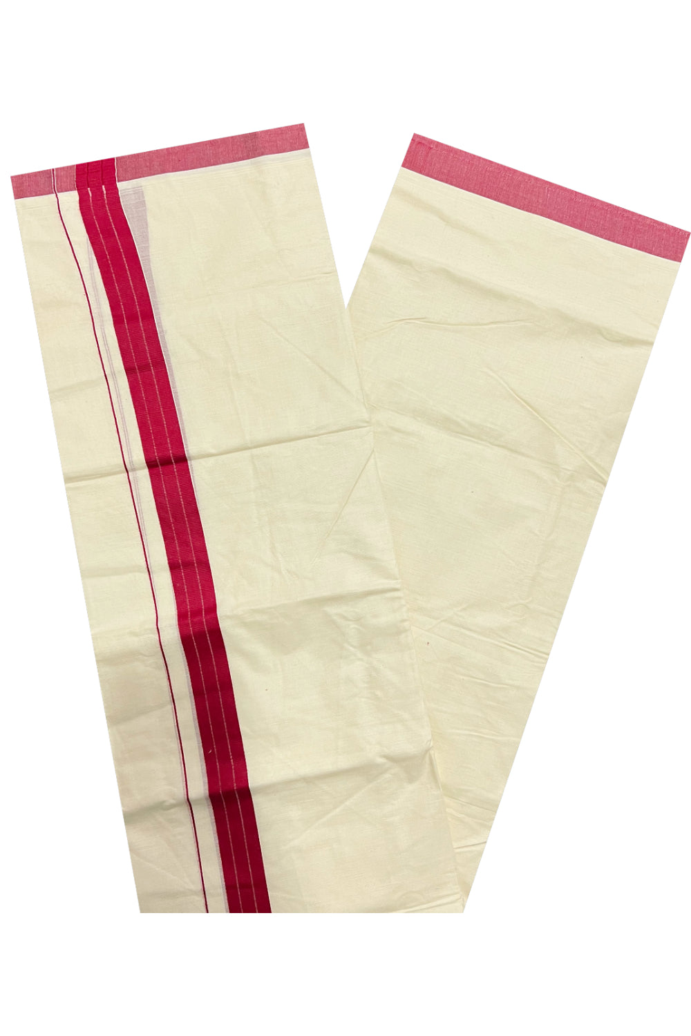 Pure Cotton Off White Double Mundu with Dark Red Border (South Indian Dhoti)