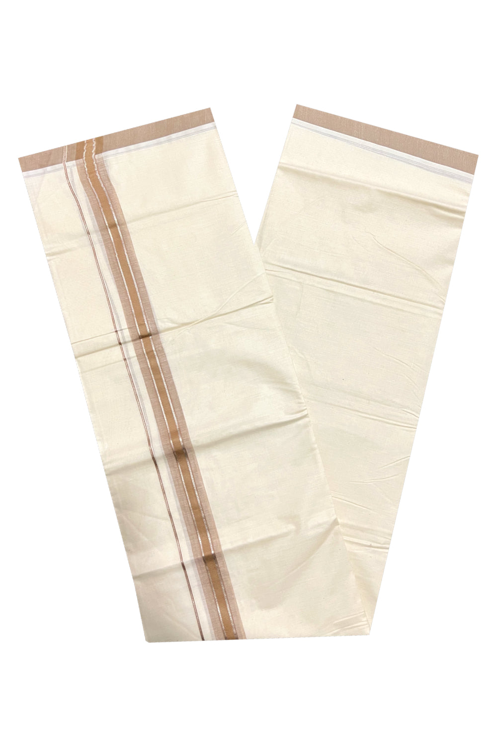 Off White Kerala Double Mundu with Silver Kasavu and Light Brown Border (South Indian Dhoti)