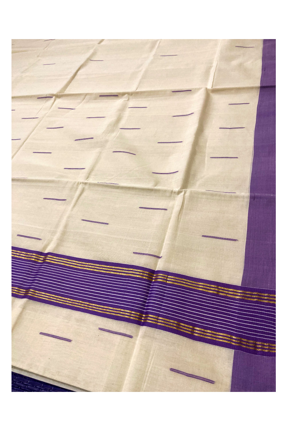 Southloom Premium Unakkupaavu Handloom Kerala Saree with Violet and Pure Kasavu Border and Butta Works on Body