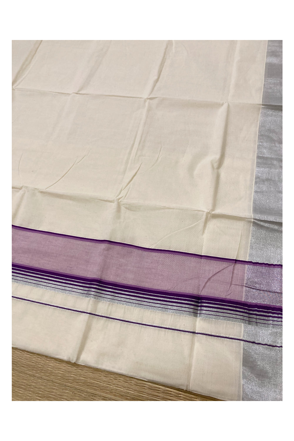 Pure Cotton Silver Kasavu Plain Saree with Purple and Violet Border