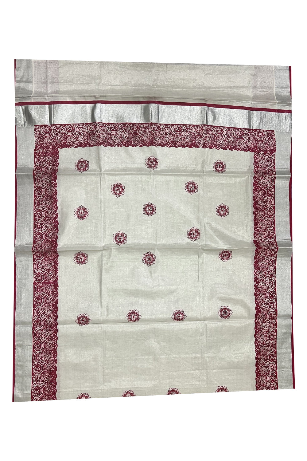 Kerala Silver Tissue Kasavu Saree with Mural Printed Maroon Floral Design