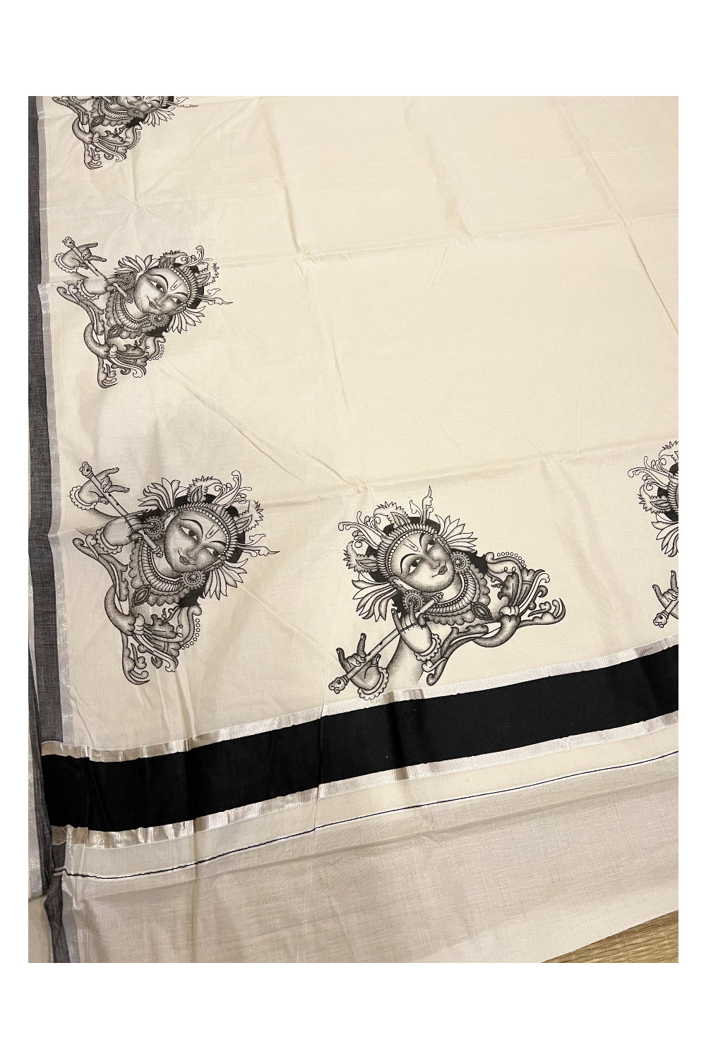 Pure Cotton Kerala Mural Krishna Face Printed Saree with Black and Silver Kasavu Border