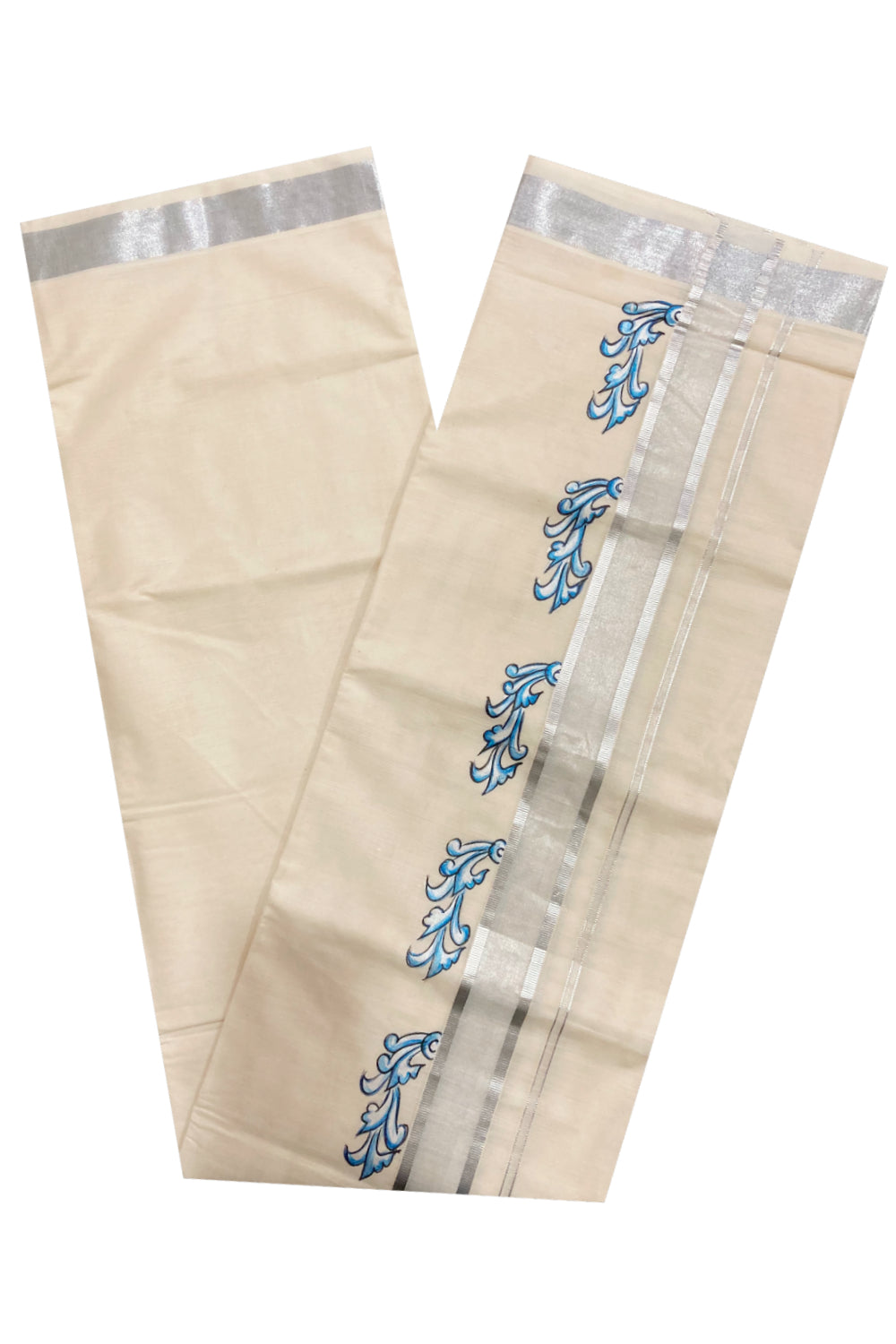 Pure Cotton Silver Kasavu Mundu with Mural Hand Painted Design (South Indian Dhoti)