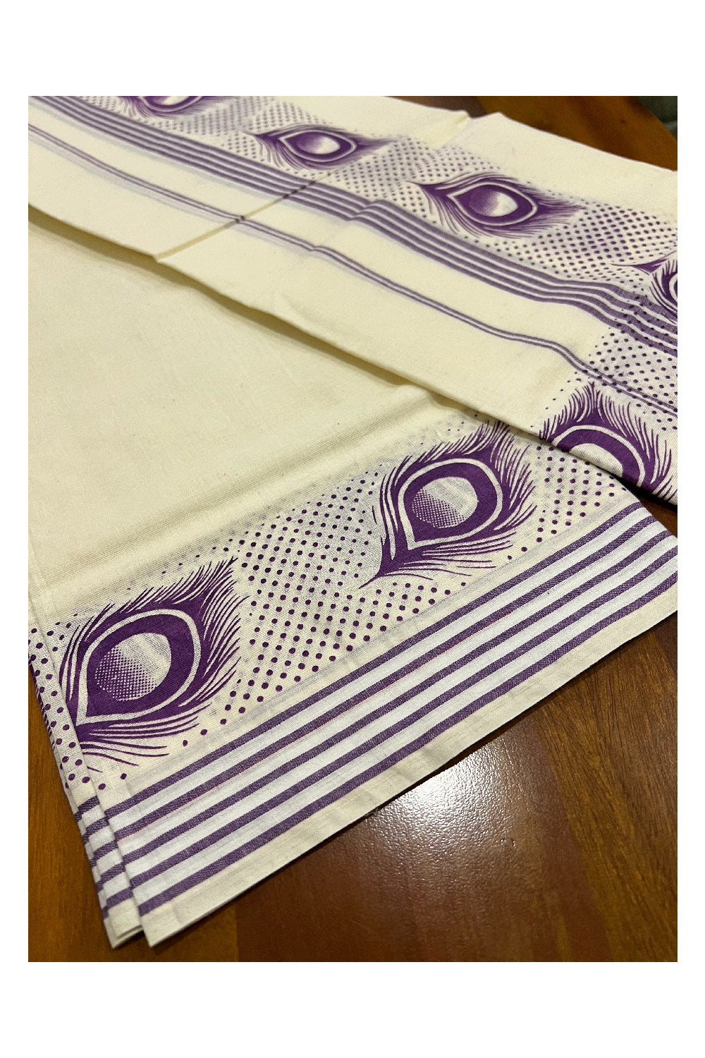 Southloom Mulloth Soft Cotton Set Mundu with Violet Kara and Block Print