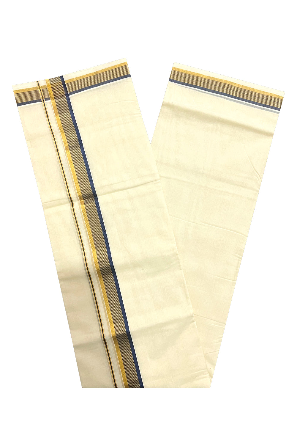 Southloom Premium Handloom Pure Cotton Mundu with Golden and Navy Blue Kasavu Border (South Indian Dhoti)