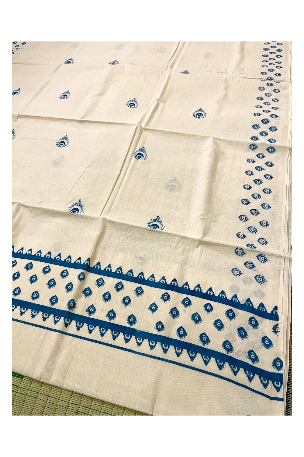 Pure Cotton Off White Kerala Saree with Blue Block Print Border (Onam Saree 2023)