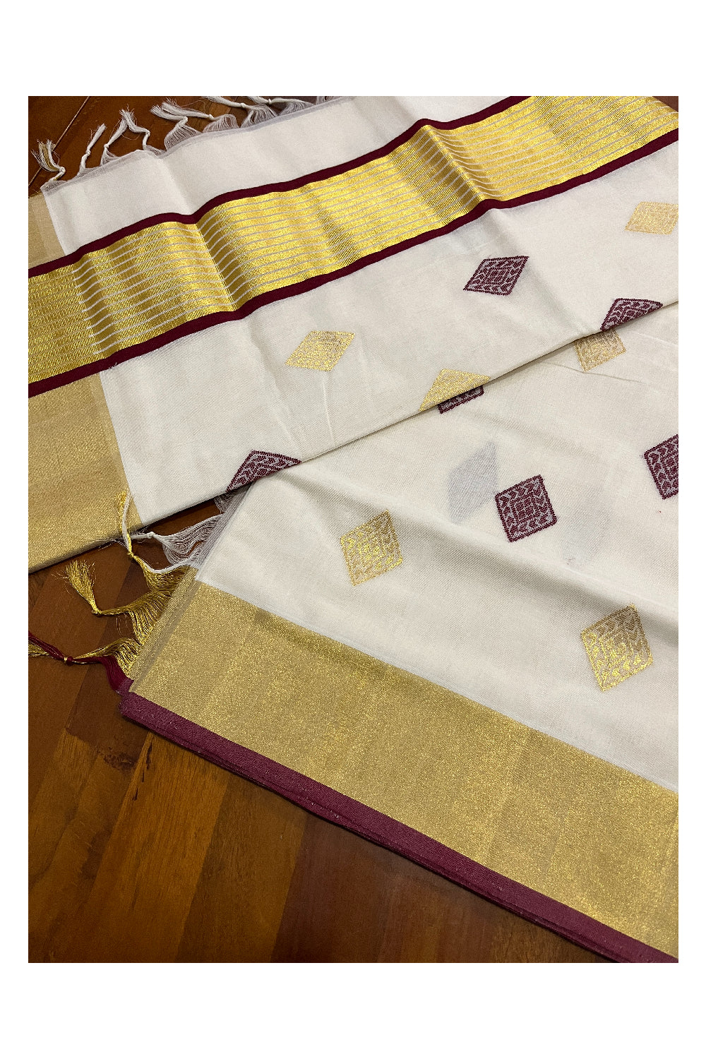 Southloom™ Premium Handloom Cotton Kerala Saree with Golden and Maroon Woven works on Body