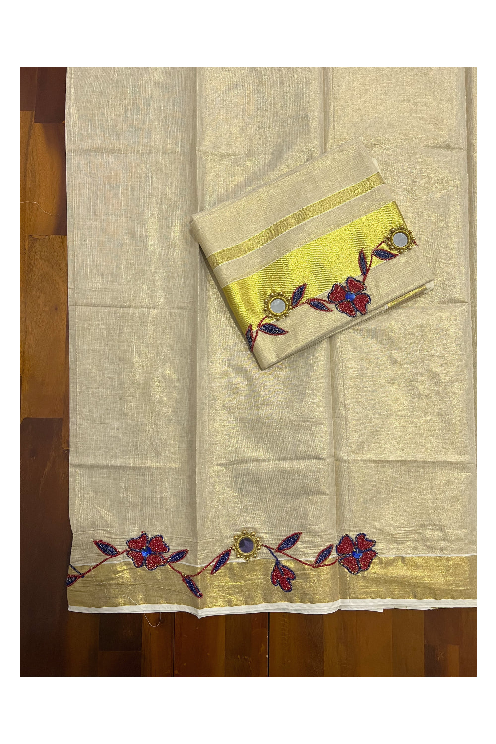 Kerala Tissue Kasavu Set Mundu (Mundum Neriyathum) with Floral Embroidery Handwork Design