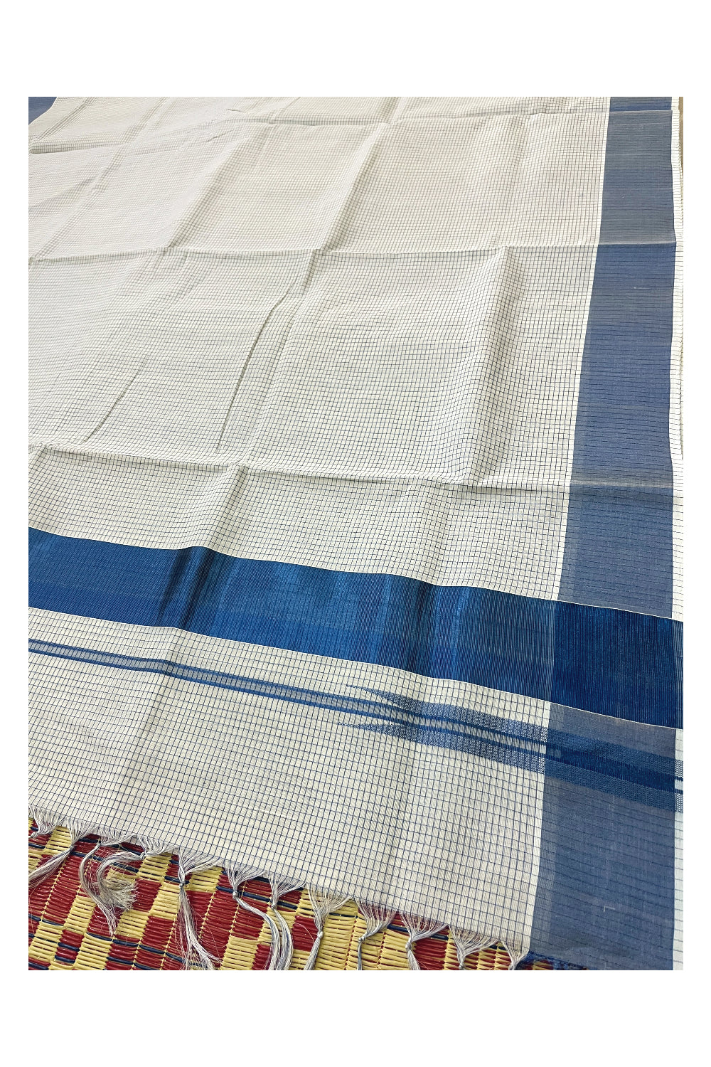 Southloom™ Handloom Kerala Premium Saree with Blue Kasavu Micro Check Design Body