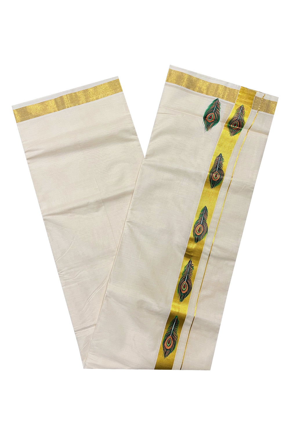 Pure Cotton Kasavu Mundu with Mural Hand Painted Peacock Feather Design (South Indian Dhoti)