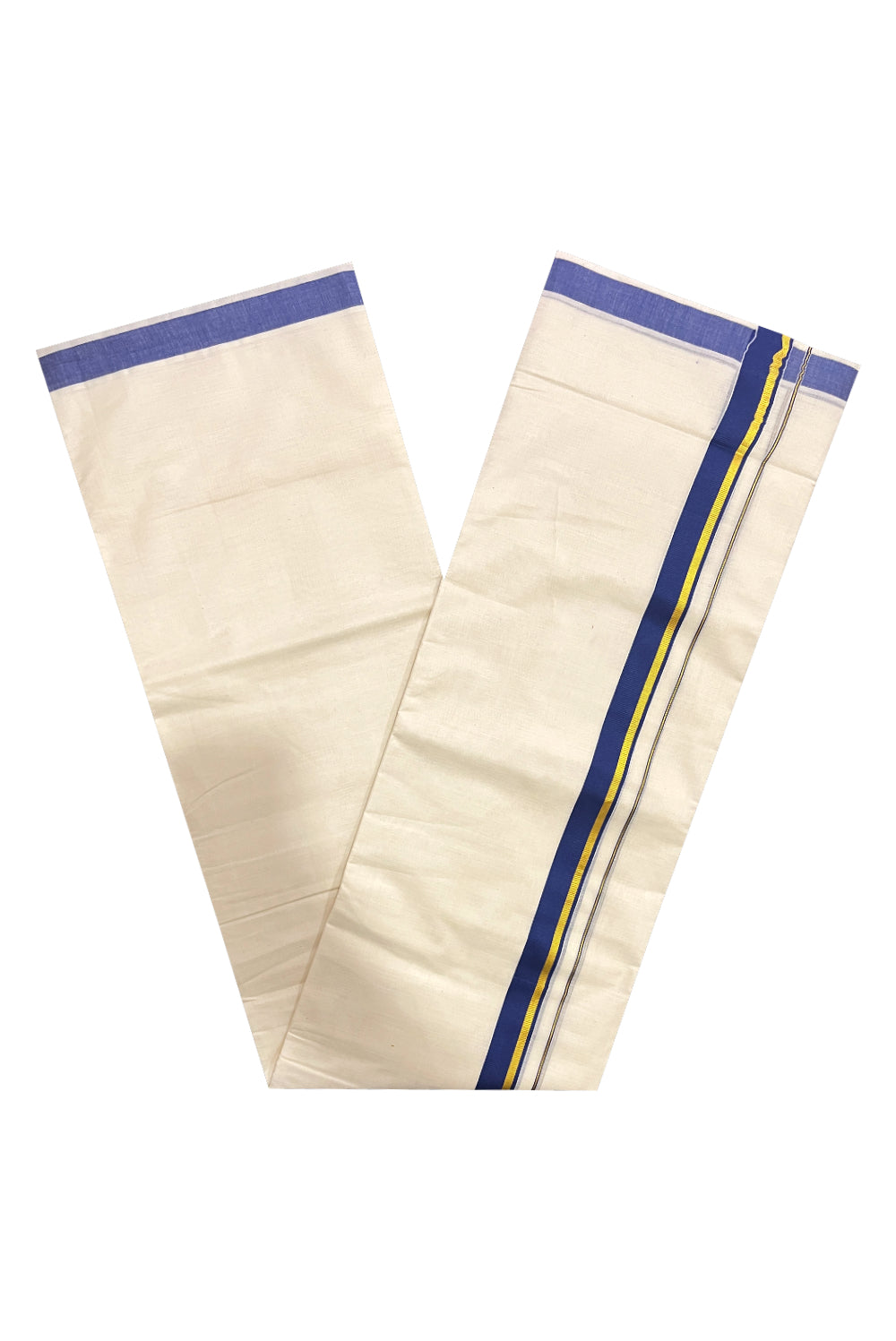 Pure Cotton Double Mundu with Blue and Kasavu Kara (South Indian Kerala Dhoti)