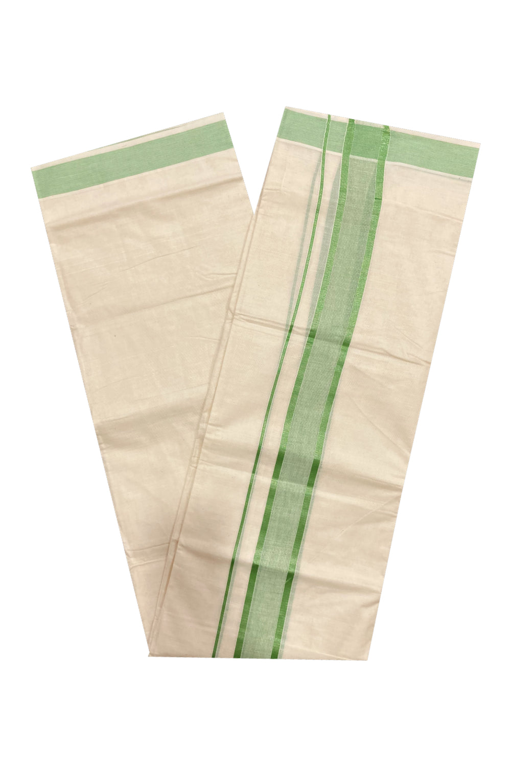 Pure Cotton Off White Double Mundu with Light Green and Silver Kasavu Border (South Indian Dhoti)