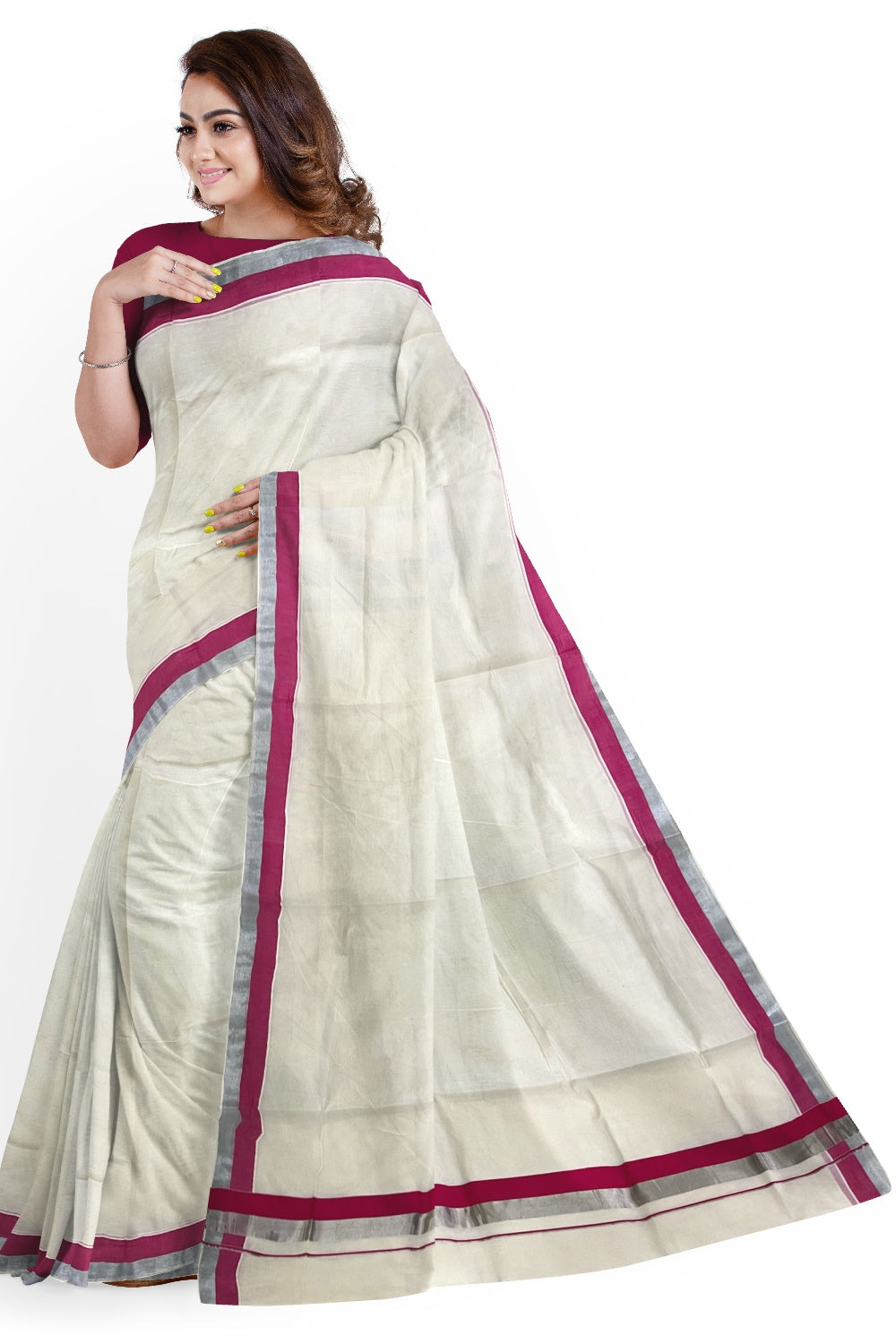 Kerala Pure Cotton Plain Saree with Silver Kasavu and Rose Border