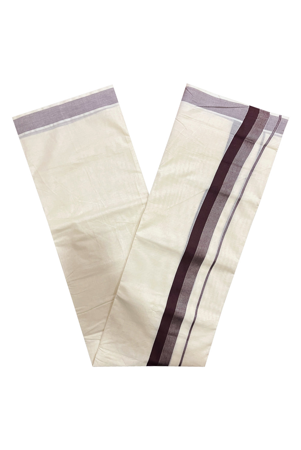 Pure Cotton Off White Double Mundu with Brown and Silver Line Kara (South Indian Dhoti)