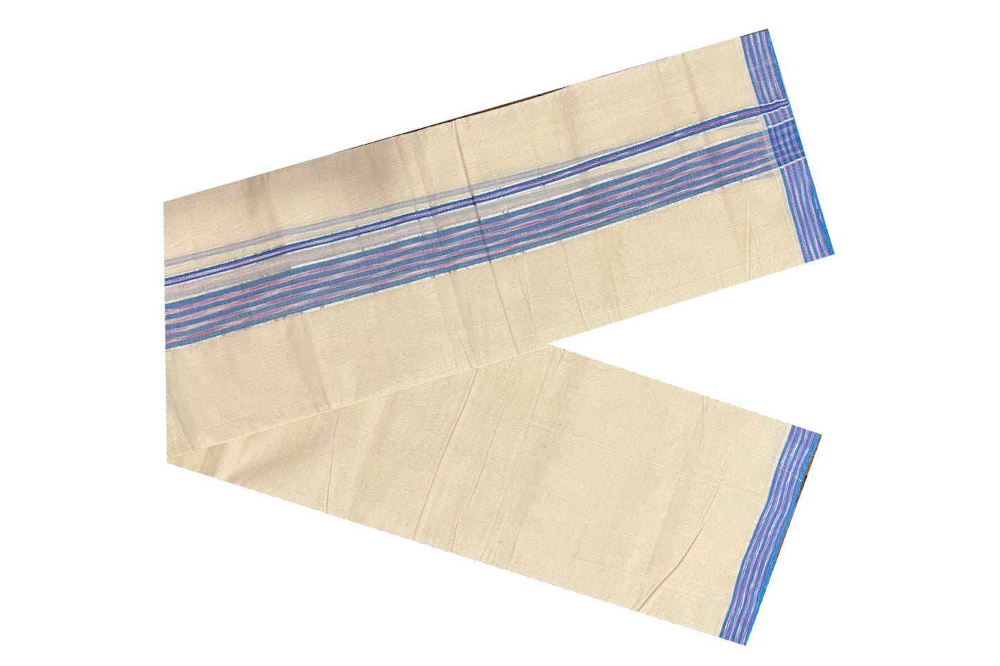 Southloom Balaramapuram Pure Cotton Handloom Mundu with Silver Kasavu and Blue Lines Border