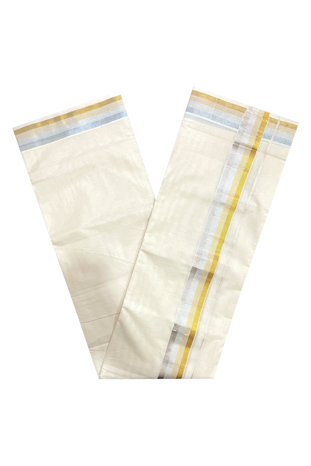 Pure Cotton Double Mundu with Golden and Silver Kasavu Kara (South Indian Dhoti)