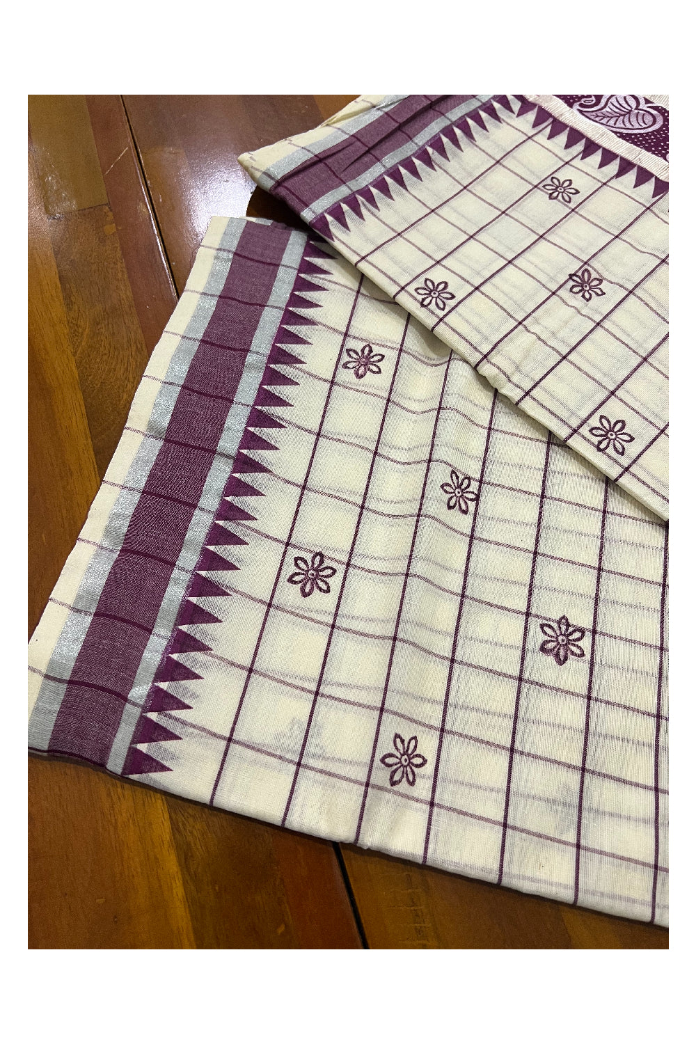 Pure Cotton Kerala Checkered Floral Block Printed Saree with Purple and Silver Kasavu Border