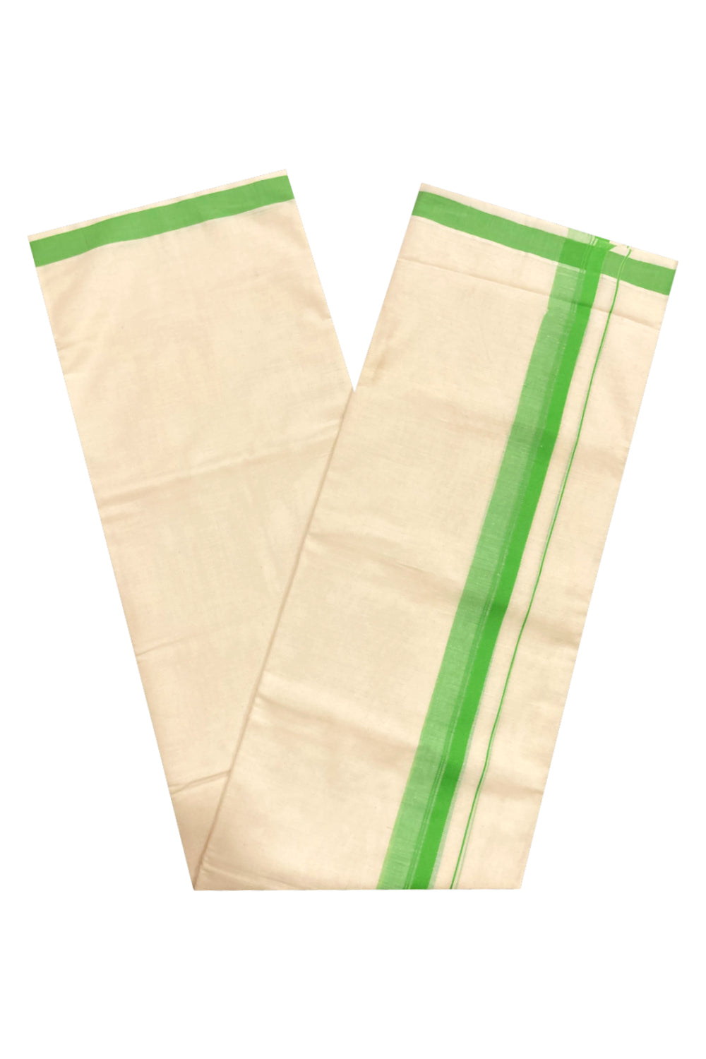 Off White Pure Cotton Double Mundu with Green Border (South Indian Dhoti)