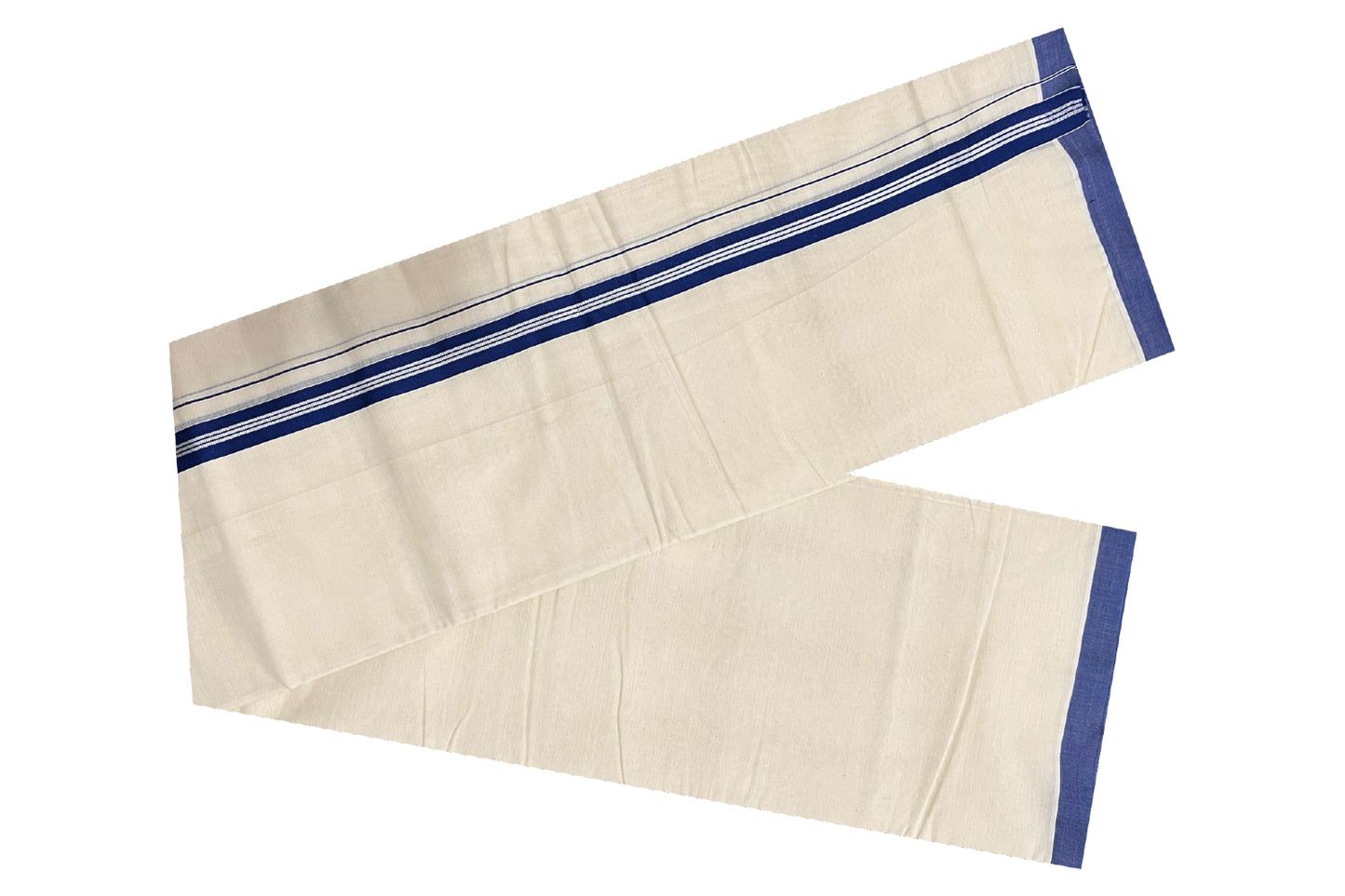 Off White Pure Cotton Double Mundu with SIlver Kasavu and Dark Blue Kara (South Indian Dhoti)