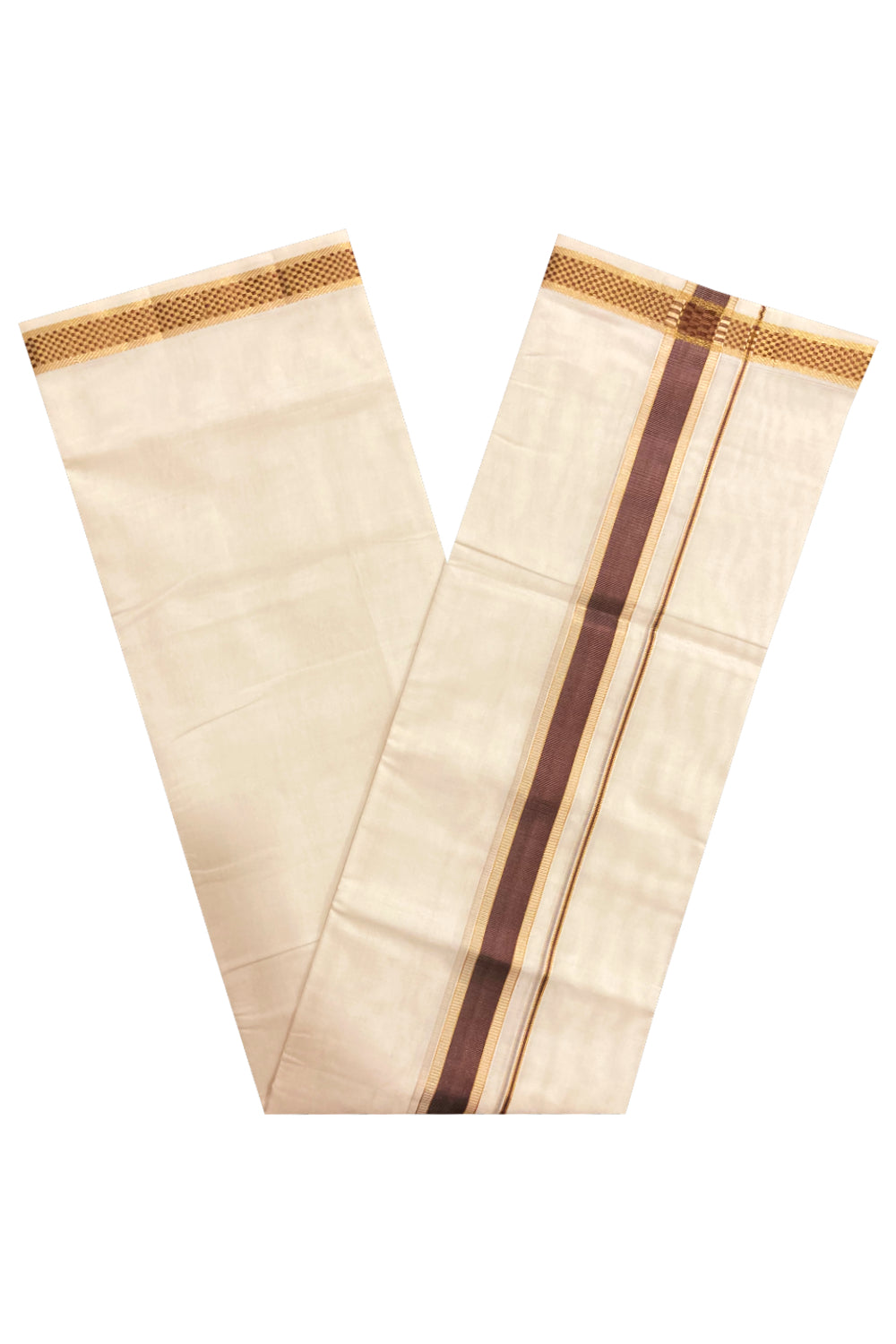 Southloom Premium Handloom Pure Cotton Mundu with Golden and Brown Kasavu Design Border (South Indian Dhoti)