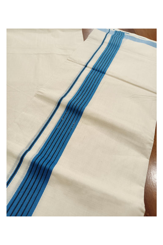 Off White Kerala Double Mundu with Black Lines on Blue Border (South Indian Dhoti)