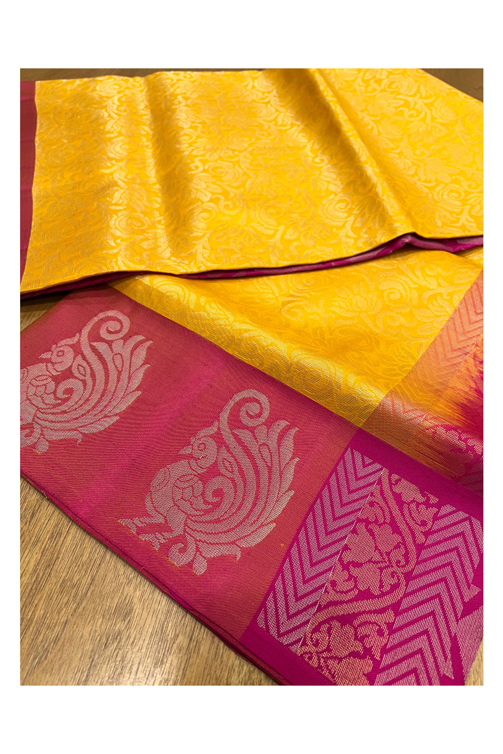 Southloom Handloom Pure Silk Kanchipuram Saree with Floral Work on Yellow Body and Rose Blouse Piece