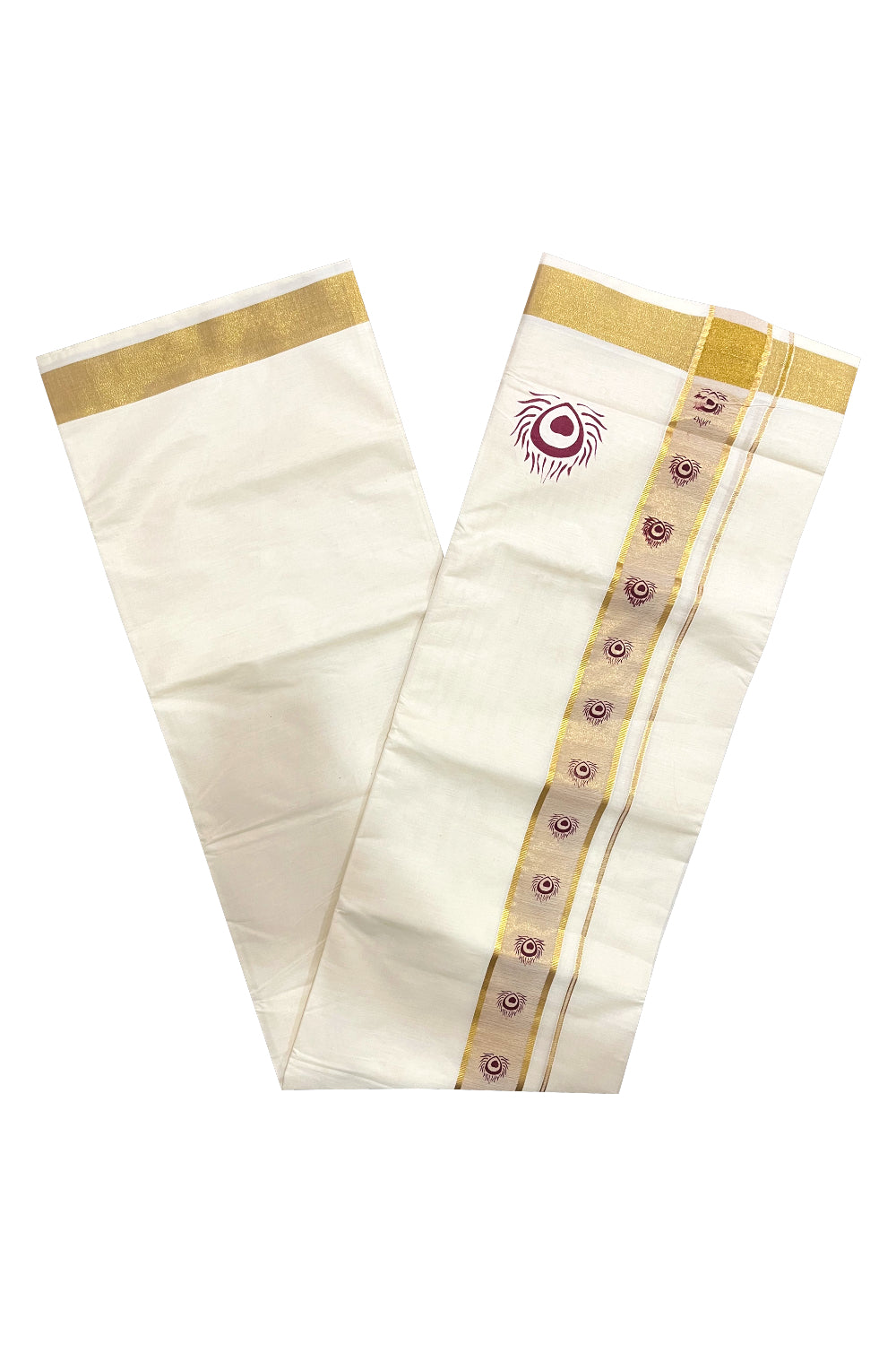 Pure Cotton Off White Double Mundu with Purple Block Prints on Kasavu Kara (South Indian Dhoti)