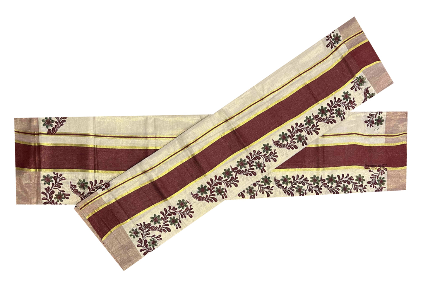 Kerala Tissue Kasavu Set Mundu (Mundum Neriyathum) with Maroon Block Printed Pallu