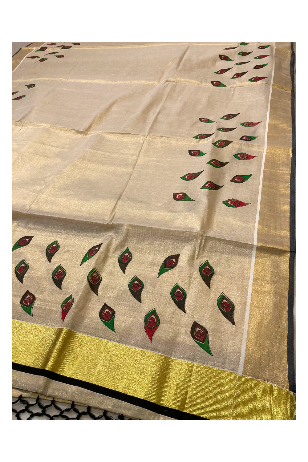 Kerala Tissue Kasavu Saree with Green Black Red Block Prints and Tassels Work