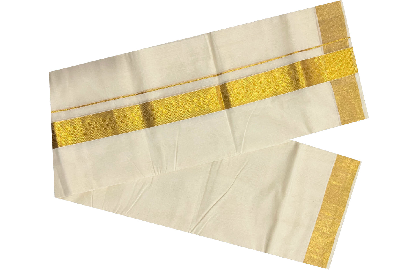 Southloom Balaramapuram Handloom Pure Cotton Wedding Mundu with Kasavu Woven Small Polka Design Border (South Indian Dhoti)