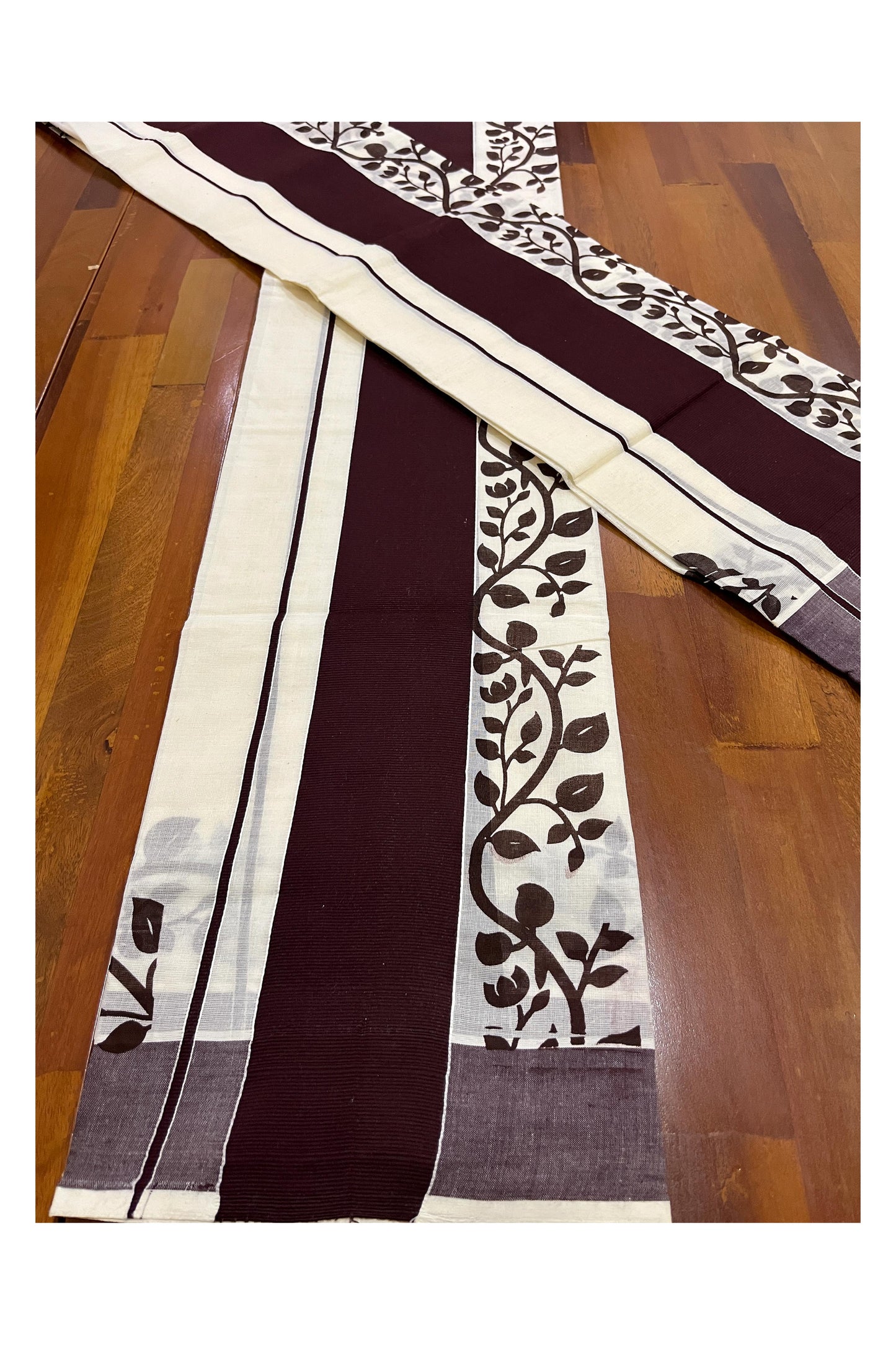 Southloom Original Design Single Set Mundu (Mundum Neriyathum Vishu 2023) with Brown Floral Vines Block Prints 2.80 Mtrs