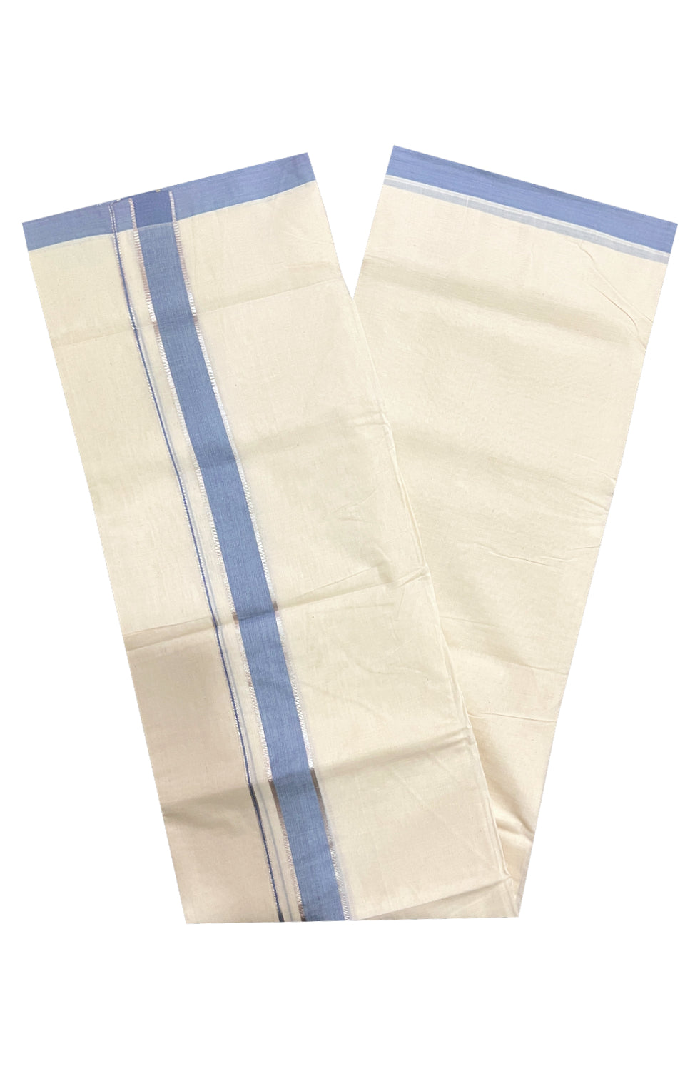 Pure Cotton Off White 100x100 Double Mundu with Silver Kasavu and Blue Border (South Indian Dhoti)