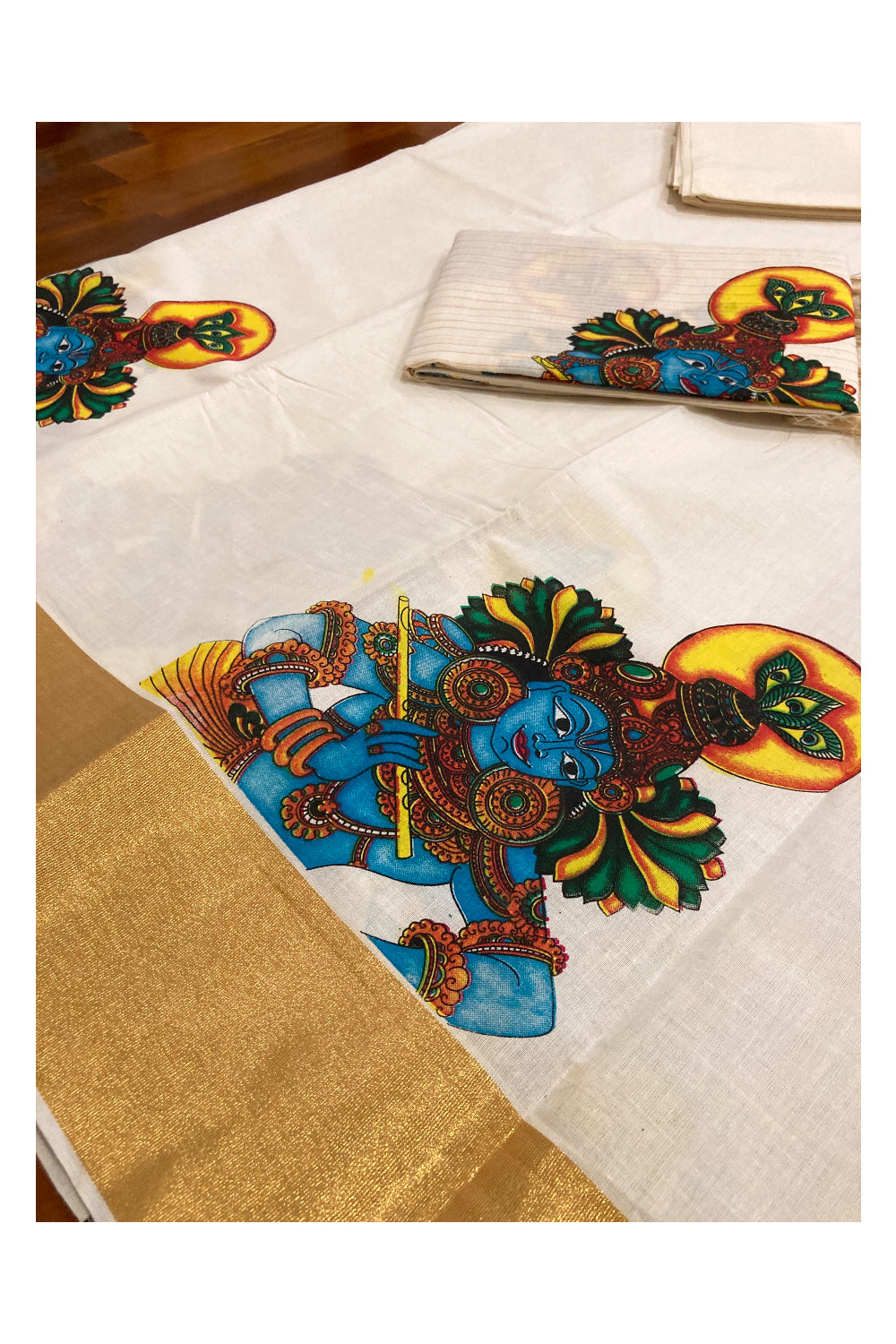 Kerala Cotton Kasavu Churidar Salwar Material with Mural Printed Krishna Design (include Lines Printed Shawl / Dupatta)