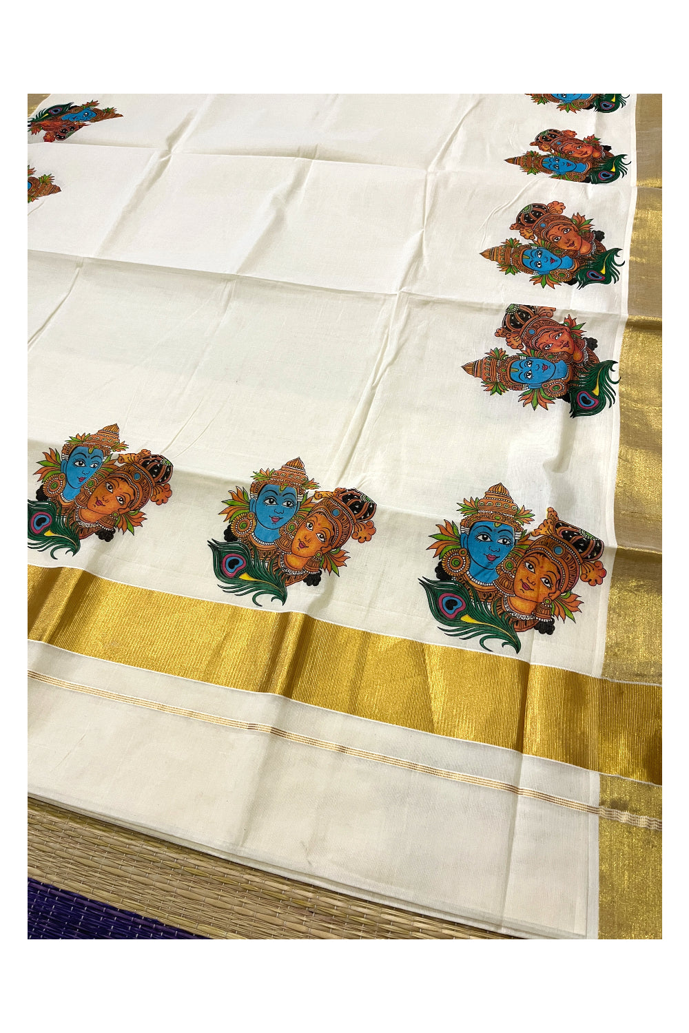 Pure Cotton Kerala Kasavu Saree with Mural Printed Krishna Radha Design