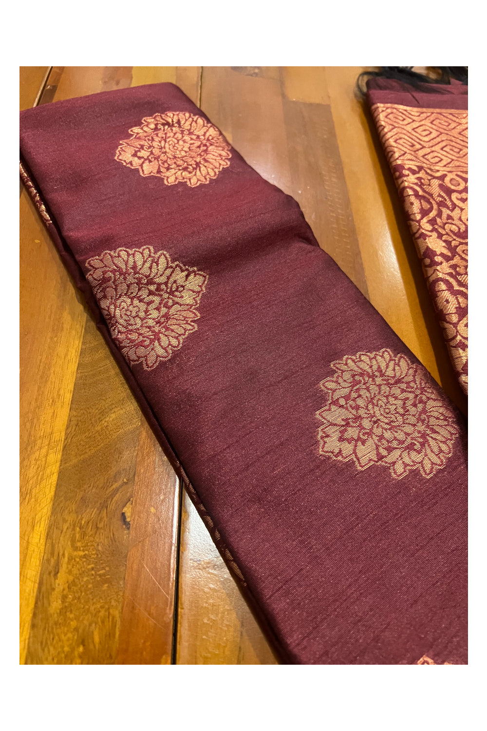 Southloom Maroon Semi Silk Designer Saree with Copper Kasavu Woven Works on Body