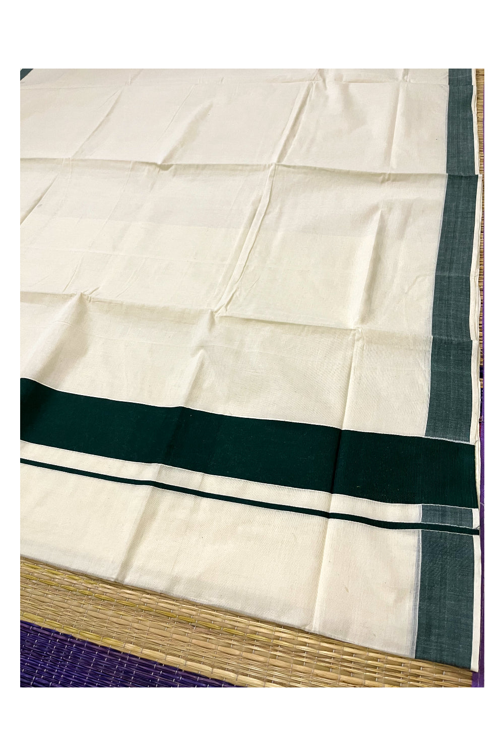 Pure Cotton Kerala Saree with Plain Dark Green Border