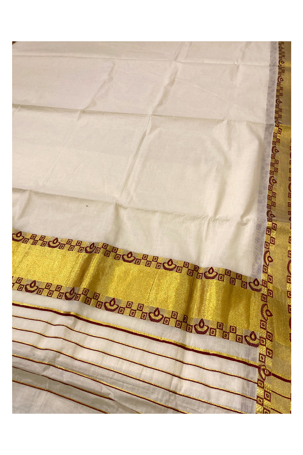 Pure Cotton Kerala Saree with Kasavu and Maroon Woven Design Border