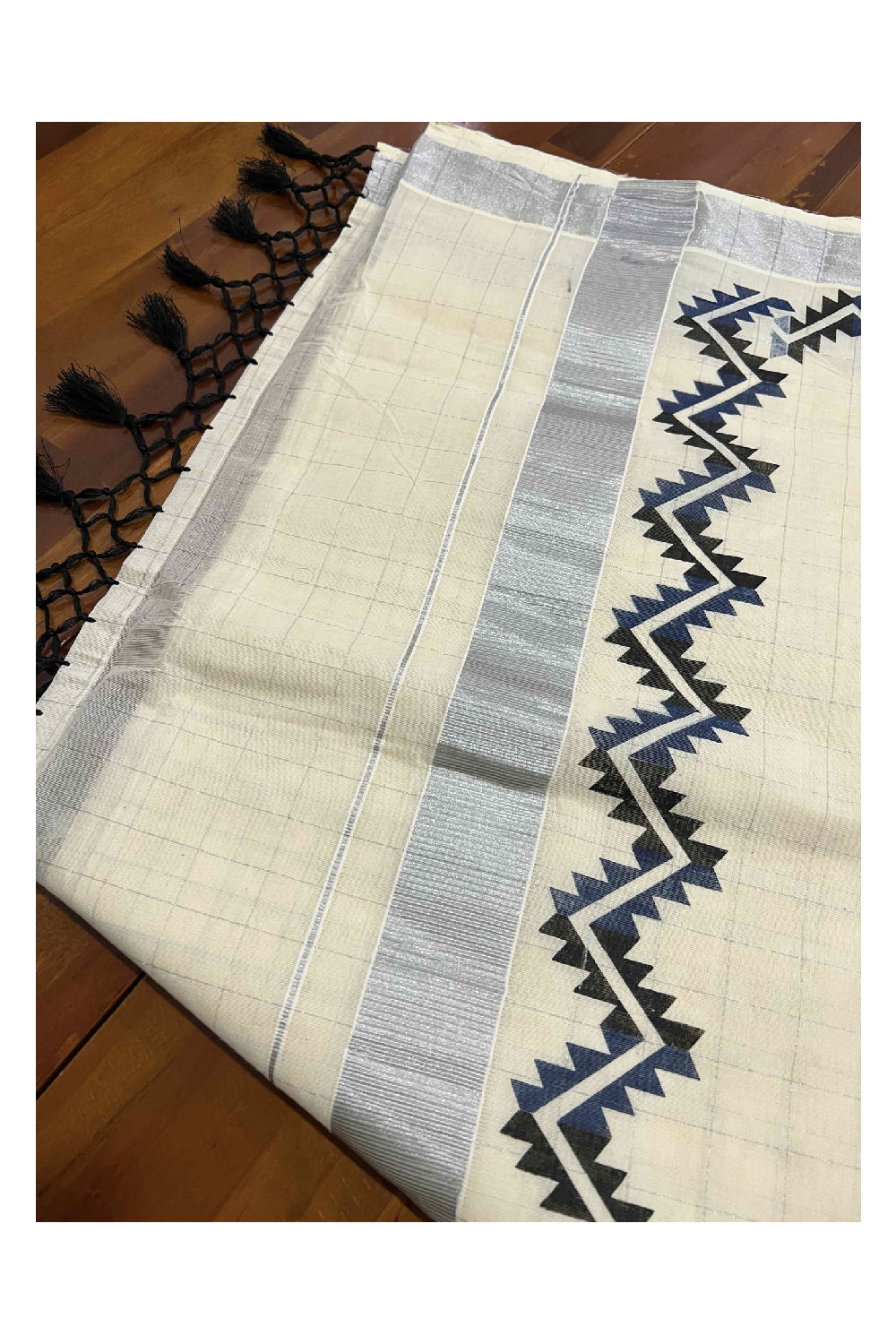 Kerala Silver Kasavu Woven Check Saree with Blue and Black Block Printed Border