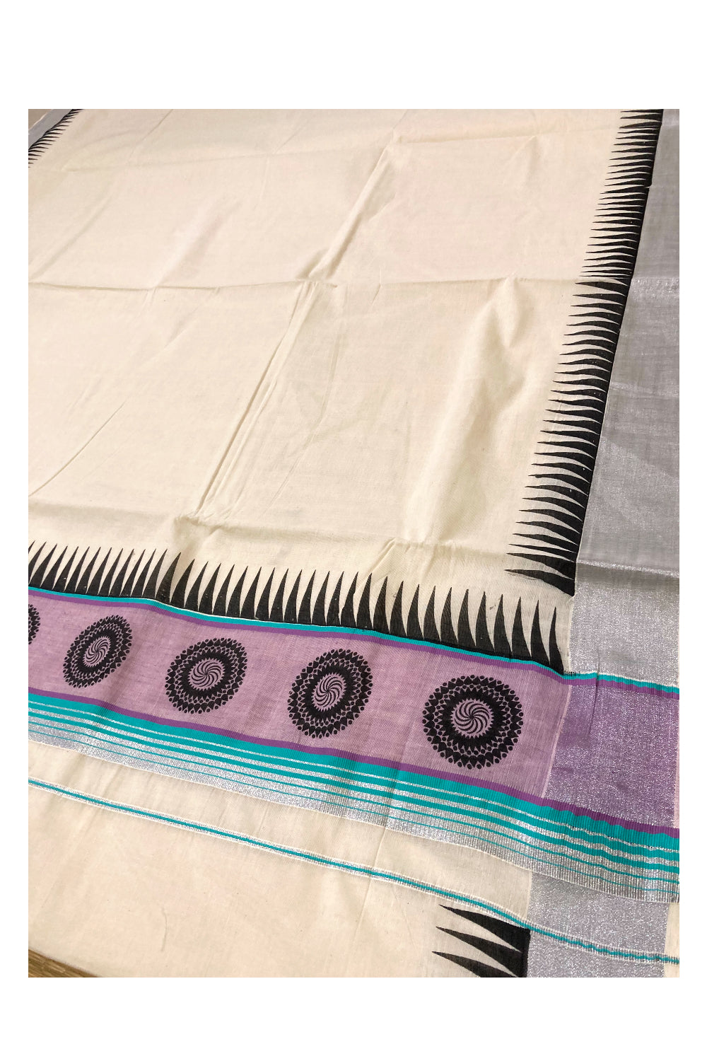 Pure Cotton Silver Kasavu Kerala Saree with Black Block Prints on Violet Turquoise Border