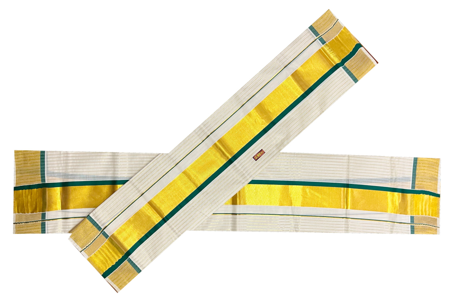 Kerala Cotton Set Mundu (Mundum Neriyathum) with Kasavu Stripes on Body and Green Border 2.80 Mtrs