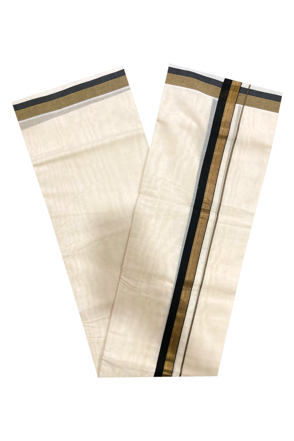 Southloom Premium Handloom Pure Cotton Mundu with Black and Kasavu Lines Border (South Indian Dhoti)