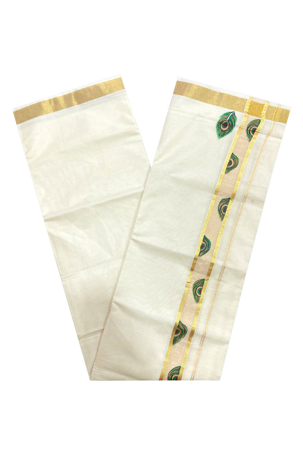 Off White Pure Cotton Double Mundu with Mural Prints on Kasavu Kara (South Indian Dhoti)