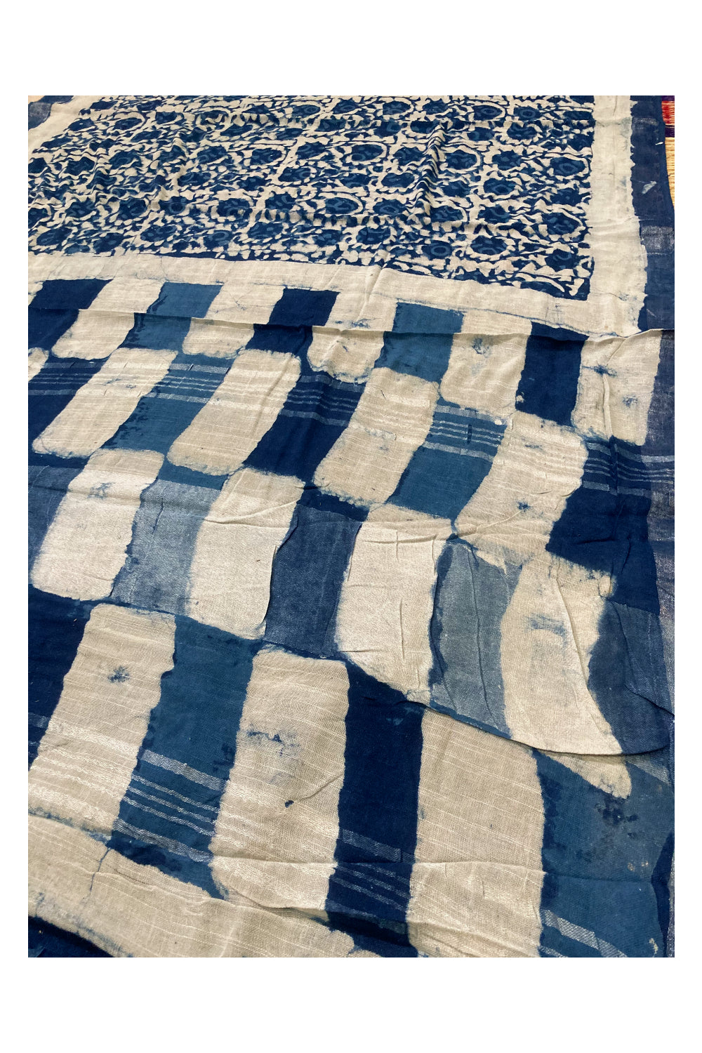 Southloom Linen Indigo Blue Saree with White Designer Prints and Tassels works on Pallu