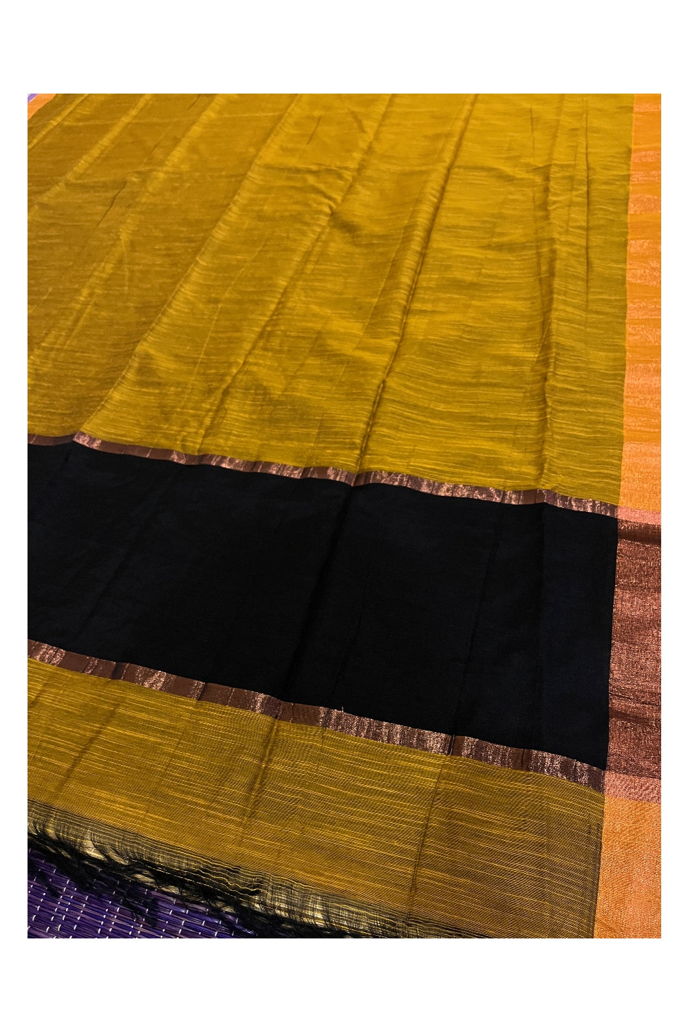 Southloom Cotton Yellow Saree with Kasavu Border and Black Running Blouse Piece