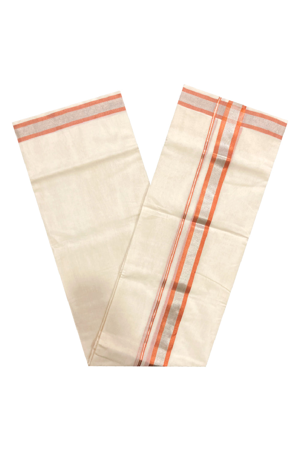 Southloom™ Premium Handloom Mundu with Silver and Copper Kasavu Border 2 inch (South Indian Kerala Dhoti)