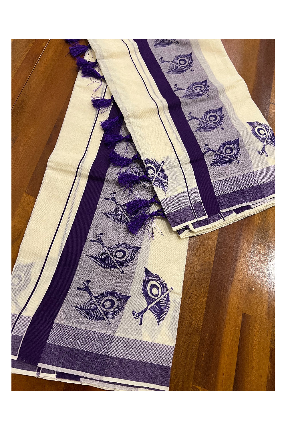 Kerala Cotton Set Mundu (Mundum Neriyathum) with Violet Feather Block Prints and Tassels Border