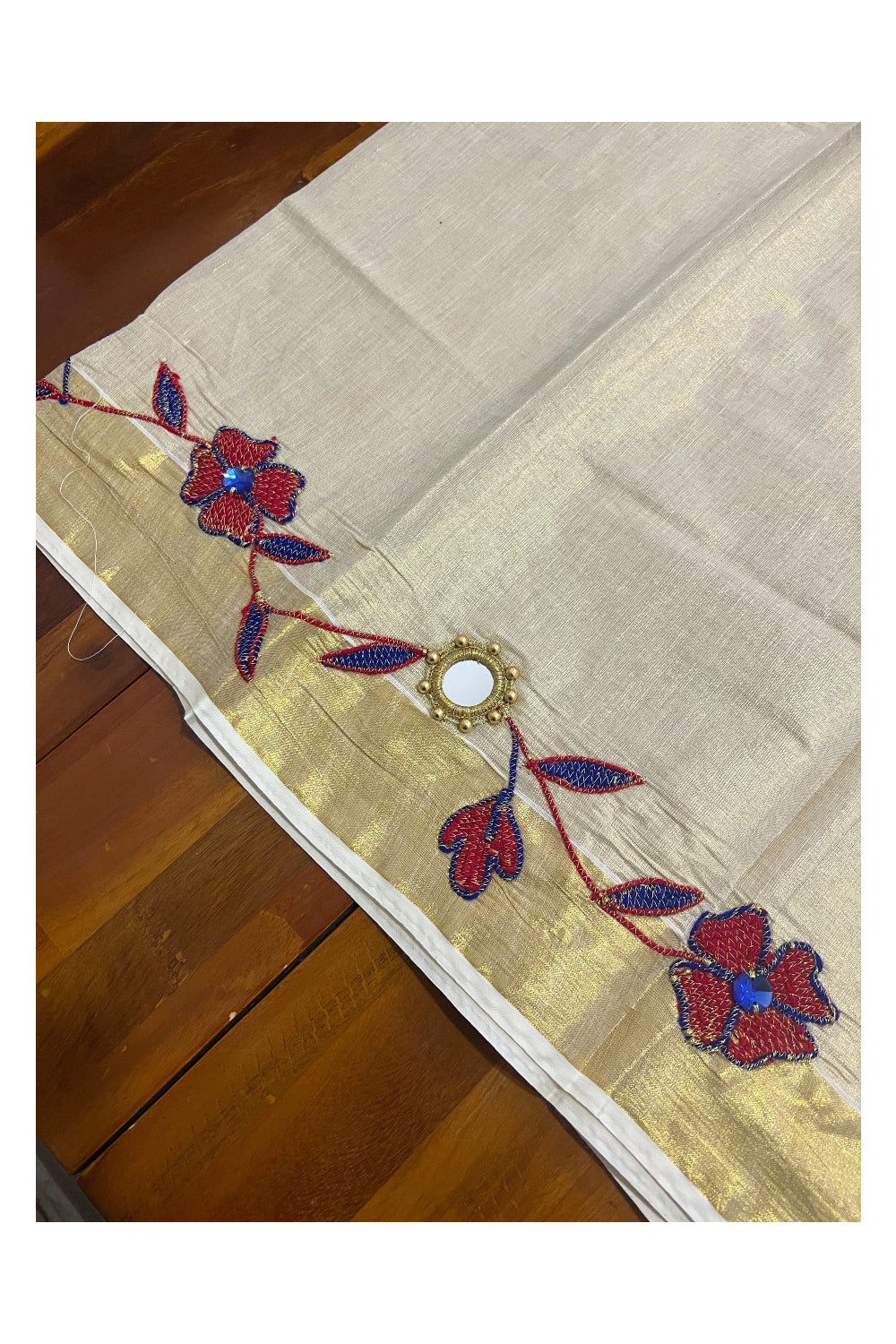 Kerala Tissue Kasavu Set Mundu (Mundum Neriyathum) with Floral Embroidery Handwork Design